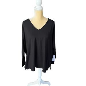 Sympli Black Tunic Top Small Bamboo Cotton V-Neck Slit Sleeve NEW Cold Shoulder